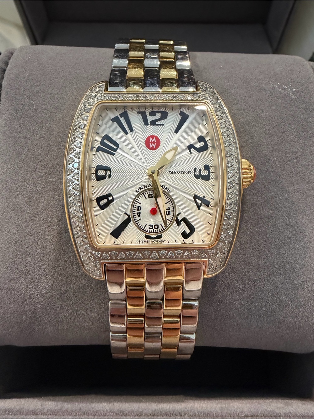 Michele Mini Urban Diamond Two-Tone Diamond Bezel Cushion Watch with White Dial